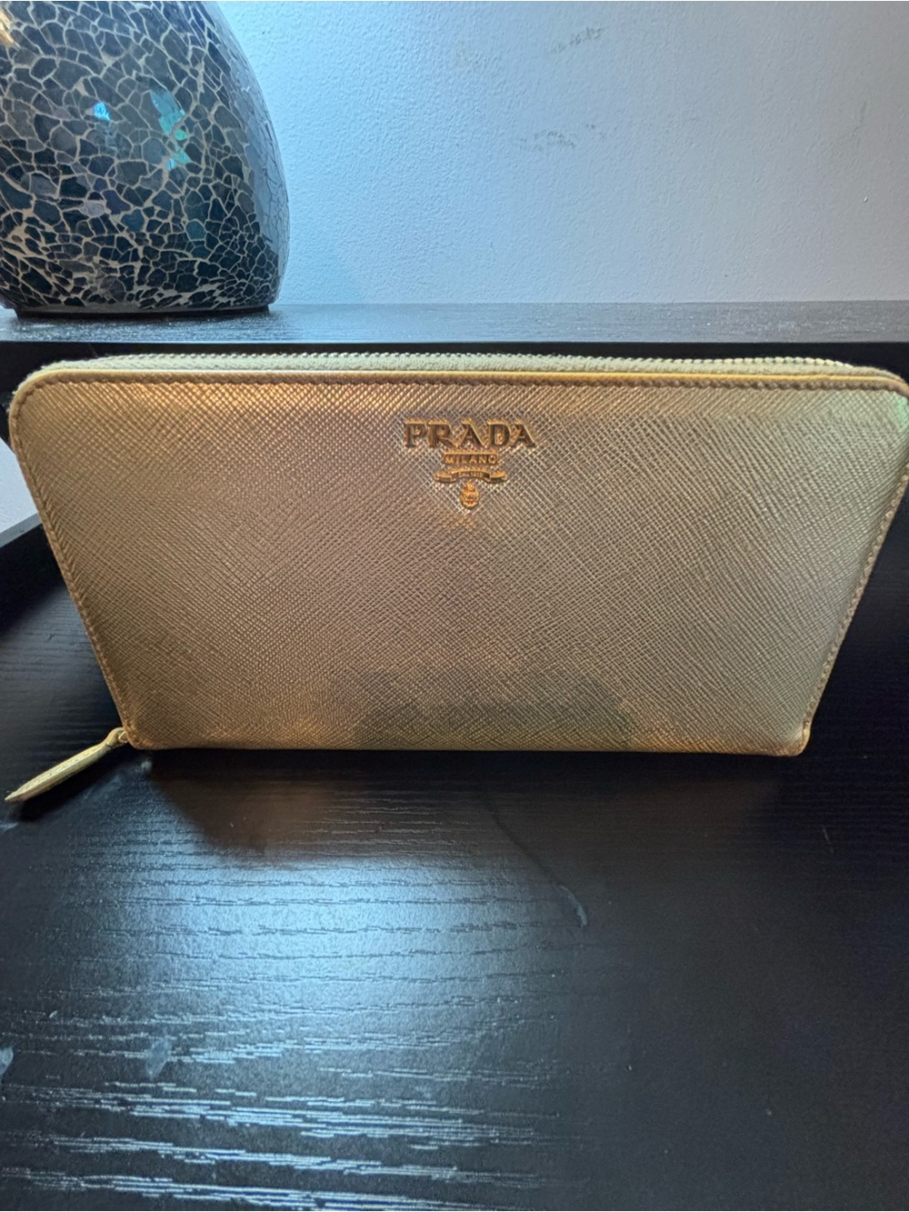 PRISTINE Prada Saffiano Leather Long Zip-Around Wallet – Metallic Gold (Platino) - Picture 3 of 11